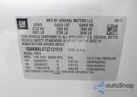 2018 GMC Acadia Sle-1 from USA, damaged, VIN 1GKKNKLA7JZ121619